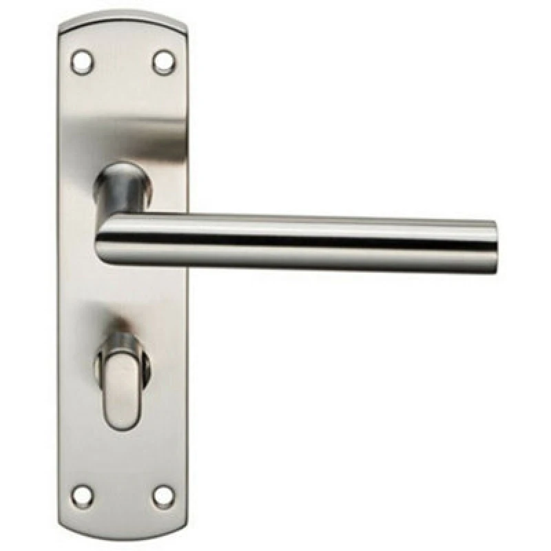 Image of Loops Mitred Lever on Bathroom Backplate Door Handle Thumbturn Lock Satin Steel Metallics