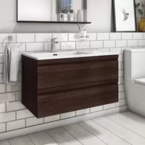 Image of 900mm Dark Wood Effect Wall Hung Vanity Unit with Basin - Boston