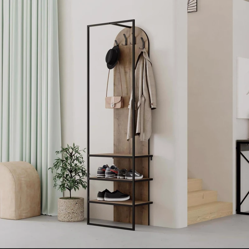 Image of FWStyle FWStyle Dark Oak Hallway Coat Rack With Shoe Storage in Brown Brown One Size Unisex 8683628019719