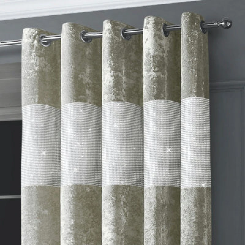 Image of Intimates Diamante Crushed Velvet Ready Made Eyelet Curtains - Natural
