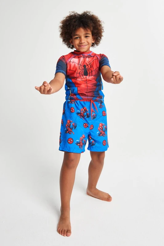 Image of Brand Threads Spiderman Rash vest & shorts Size: 7-8 Years Multicolor Unisex 7-8 Years