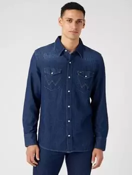 Image of Wrangler 27mw Western Denim Shirt - Dark Wash, Dark Wash, Size S, Men