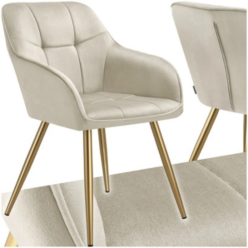 Image of Tectake 1 Chair Marilyn - Quilted Velvet Look, Continuous Backrest, Golden Steel Legs - Cream/gold