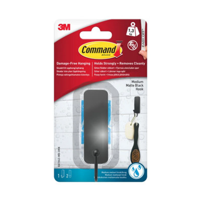 Image of 3M CLAW Command Bath Medium Hook, Matte Black, BATH43, 1 hook and 2 strips Black