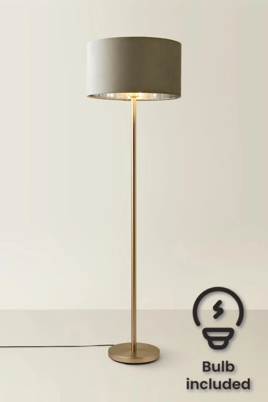 Image of ValueLights ValueLights Charlie Chrome Stem Floor Lamp with Grey Velvet and Chrome Inner Shade & Bulb Grey One Size Unisex 5059406060502