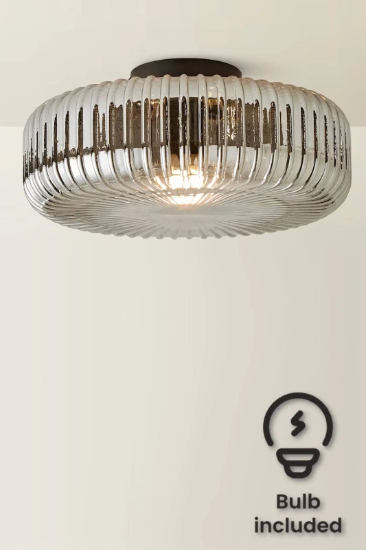 Image of ValueLights ValueLights Calpe Large Ribbed Glass Shallow Flush Ceiling Light with LED Bulb in Black One Size Unisex 5059406071317