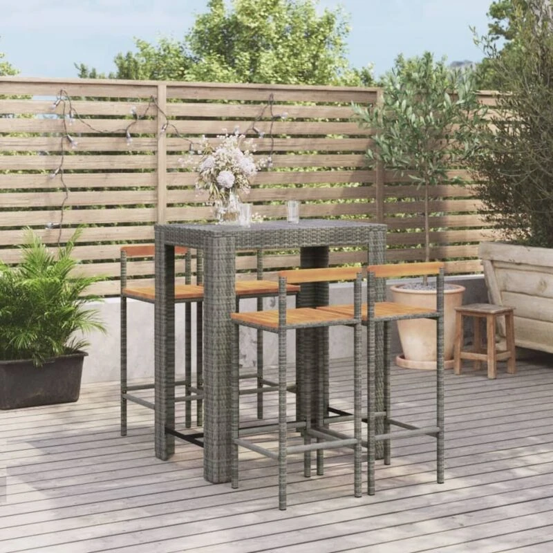 Image of VIDAXL 5 Piece Garden Bar Set Grey Poly Rattan&Solid Wood Acacia vidaXL 8720845880941