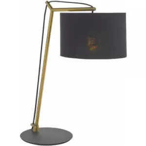 Image of Brass Plated Angular Table Lamp Light - Black Base & Cotton Shade - Desk Light