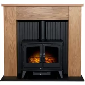 Image of Adam New England Stove Fireplace in Oak & Black with Woodhouse Electric Stove in Black, 48 Inch