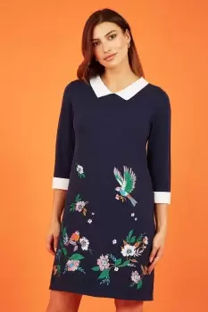 Image of Navy Bird and Floral Embroidered Knitted Peter Pan Dress