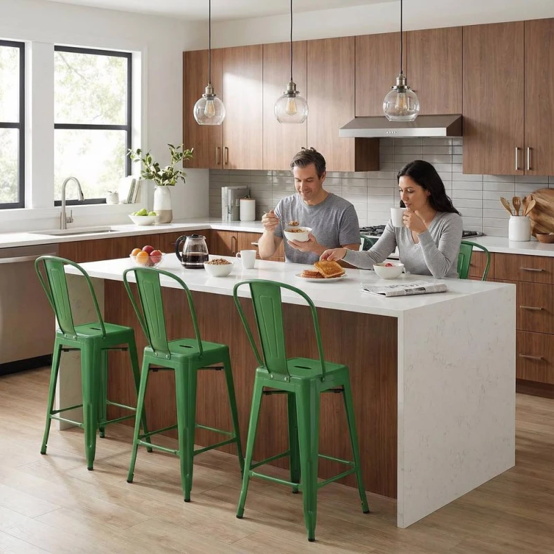 Image of FWStyle Bistro Set Of 4 24" Green Gloss Metal Bar Chairs Green Unisex