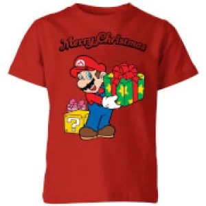 Image of Nintendo Super Mario Merry Christmas Present Kid's T-Shirt - Red - 3-4 Years