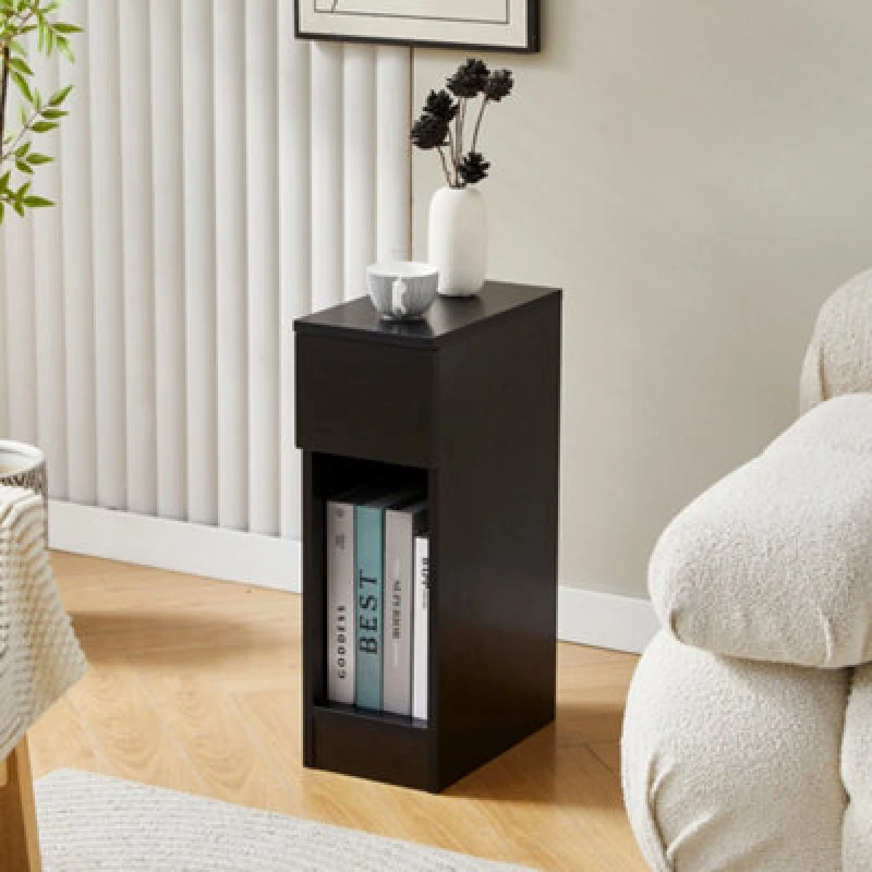 Image of MCC Direct Solid Wooden Bedside Table With Open Shelf And Drawer Black Ava By Mcc