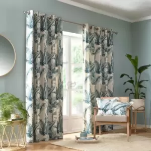 Image of Cadiz Leaf Print 100% Cotton Eyelet Lined Curtains, Teal, 46 x 72" - Fusion