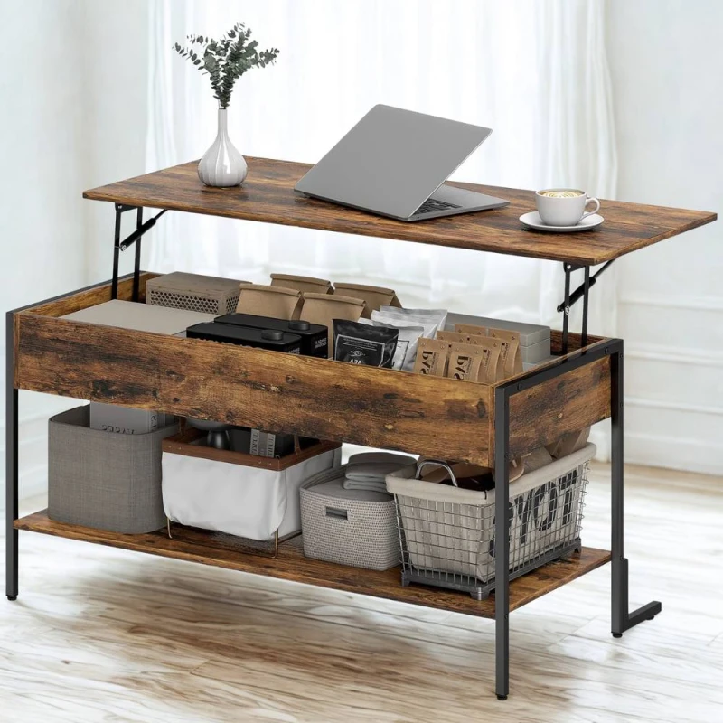 Image of Pirlo Plush Industrial Lift Top Coffee Table With Storage Shelf Rustic in Brown Brown Unisex