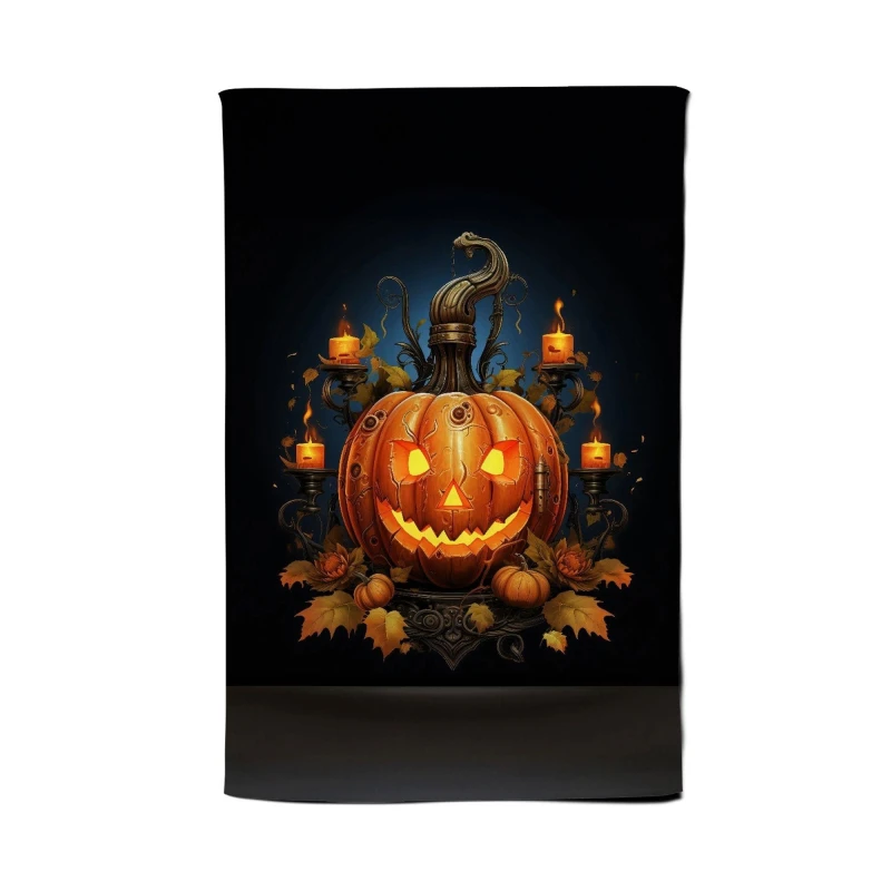 Image of Warren Reed - Designer Spooy Pumpkin With Leaves & Small Candles Tea Towel in Orange Orange Unisex
