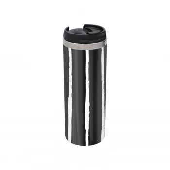 Image of Black White Stripe Stainless Steel Travel Mug - Metallic Finish