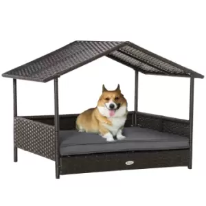 Image of PawHut Wicker Dog House, Rattan Pet Bed with Soft Cushion, Canopy, Cat House with Anti-slip Pads, Grey, 98 x 69 x 73 cm