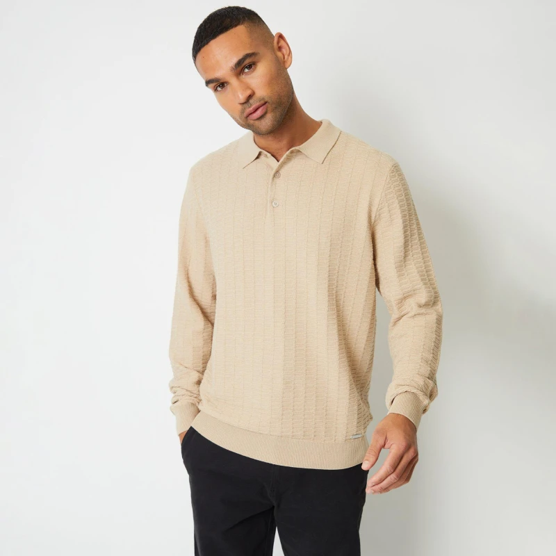 Image of Threadbare 'Shawbrook' Long Sleeve Textured Knit Polo Collar Jumper Beige