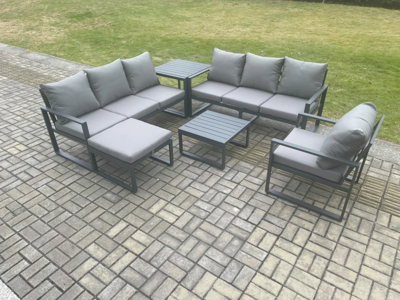 Image of Fimous Aluminium 8 Seater Outdoor Garden Furniture Lounge Sofa Set with Square Coffee Table Chair Big Footstool Side Table Dark Grey Dark Grey Unisex
