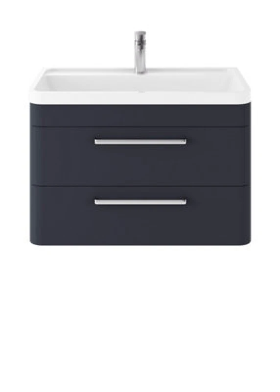 Image of Hudson Reed Solar Wall Hung Vanity Unit With Polymarble Basin, Modern 2 Drawer Bathroom Sink Vanity Unit In Indigo Blue, 800mm