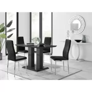 Image of Furniturebox Imperia 4 High Gloss Black Modern Dining Table and 4 Black Milan Faux Leather Dining Chairs With Silver Legs Diamond Stitch Modern