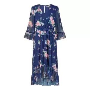 Image of Yumi Navy Floral Wrap Dress With Dipped Hem - Blue