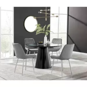 Image of Furniture Box Palma Black Semi Gloss Round Dining Table and 4 Grey Pesaro Silver Chairs