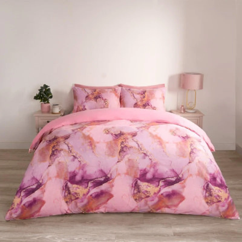 Image of OHS OHS Marble Duvet Cover Set Quilt Bedding Reversible in Pink Size: Double Pink Double Unisex 5027434183234