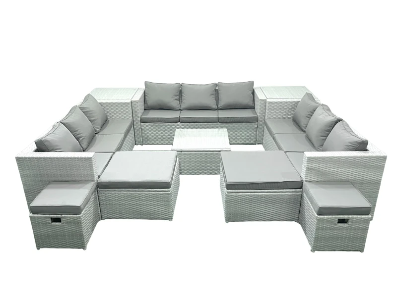 Image of Fimous Garden Outdoor Furniture Set 14 Seater Rattan Sofa Set with 2 Side Tables 4 Footstools Light Grey Mixed Light Grey