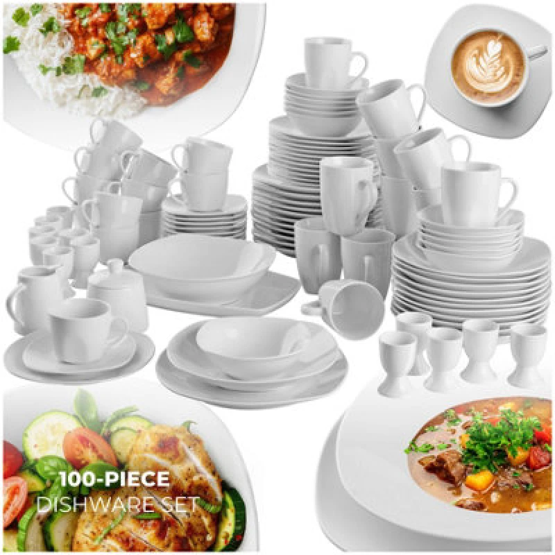 Image of Tectake 100 PC Dinner Set Salerno - 100 Pieces, Porcelain, For 12 People, Dishwasher Safe - White