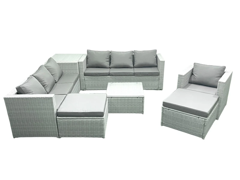 Image of Fimous Wicker PE Rattan Sofa Garden Furniture Set with Armchair Square Coffee Table 2 Big Footstools Side Table Light Grey Mixed Light Grey