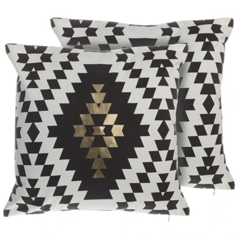 Image of Beliani Set Of 2 Decorative Cushions Coleus Cotton 45 X 45cm Black Geometric Pattern