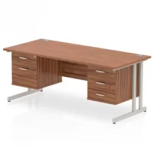 Image of Impulse 1600 Rectangle Silver Cant Leg Desk WALNUT 1 x 2 Drawer 1 x 3 Drawer Fixed Ped