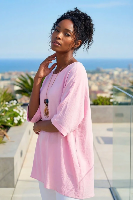 Image of Roman Womens Plain Tunic Top with Necklace in Pink Size: Small Pink Female S