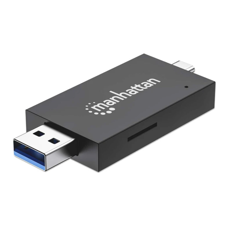Image of Manhattan Manhattan USB-A / USB-C combo Multi-Card Reader/Writer, 5 Gbps (USB 3.2 Gen1 aka USB 3.0), Male to microSD and SD/MMC Slots, Mini Format, Su