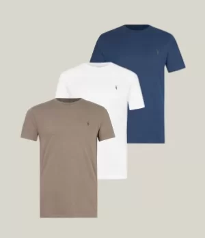 Image of AllSaints Mens Cotton Tonic Crew 3 Pack T-Shirts, White, Blue and Brown, Size: XXL