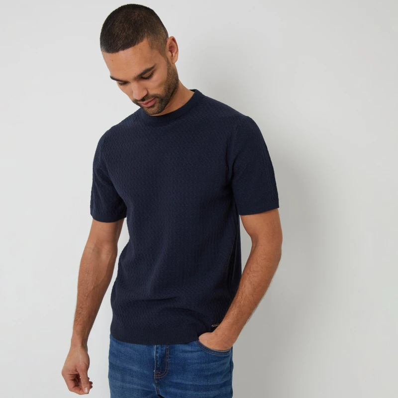 Image of Threadbare Textured Front Knitted T-Shirt Navy