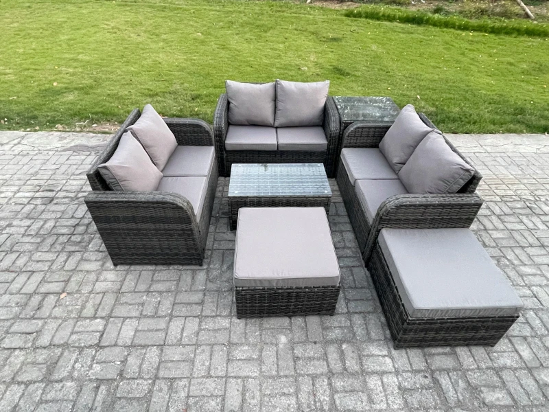 Image of Fimous Wicker PE Rattan Garden Furniture Set 8 Seater Outdoor Lounge Sofa Set with Love Sofa Coffee Table Side Table 2 Big Footstool Dark Grey