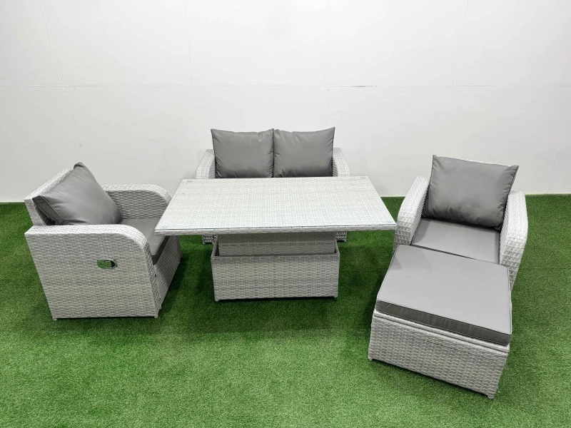 Image of Fimous Light Grey PE Wicker Rattan Garden Furniture Set Sofa Set Reclining Chair Adjustable Lifting Dining or Coffee Table 5 Seater With Footstool Lig
