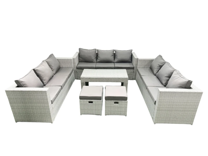 Image of Fimous Rattan Garden Outdoor Furniture Set 11 Seater Garden Sofa Oblong Coffee Table Set with 2 Small Footstool Light Grey Mixed Light Grey