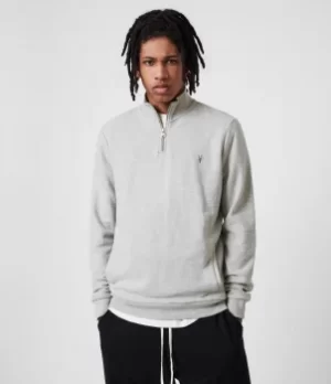 Image of AllSaints Mens Raven Half Zip Sweatshirt, Grey Marl, Size: M