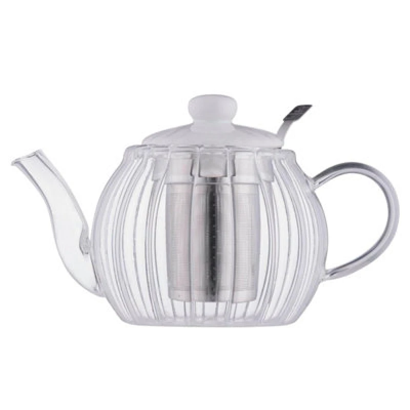 Image of Glass Teapot White Ceramic Lid Infuser 1000Ml Fluted Embossed Clear Elegant