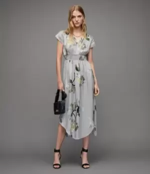 Image of AllSaints Womens Leila Cordelia Midi Dress, Soft Grey, Size: 16