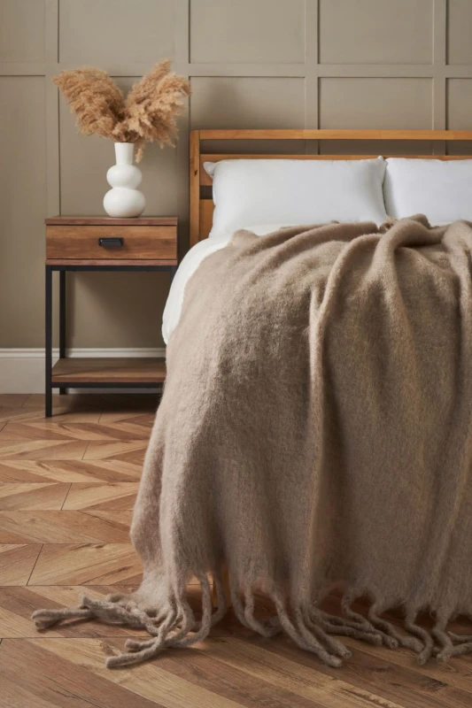 Image of BHS Faux Mohair Tassle Throw in Taupe Size: Small Taupe Unisex Small