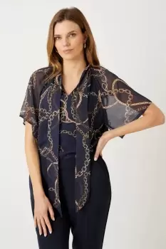 Image of Navy Chain Tie Neck Blouse