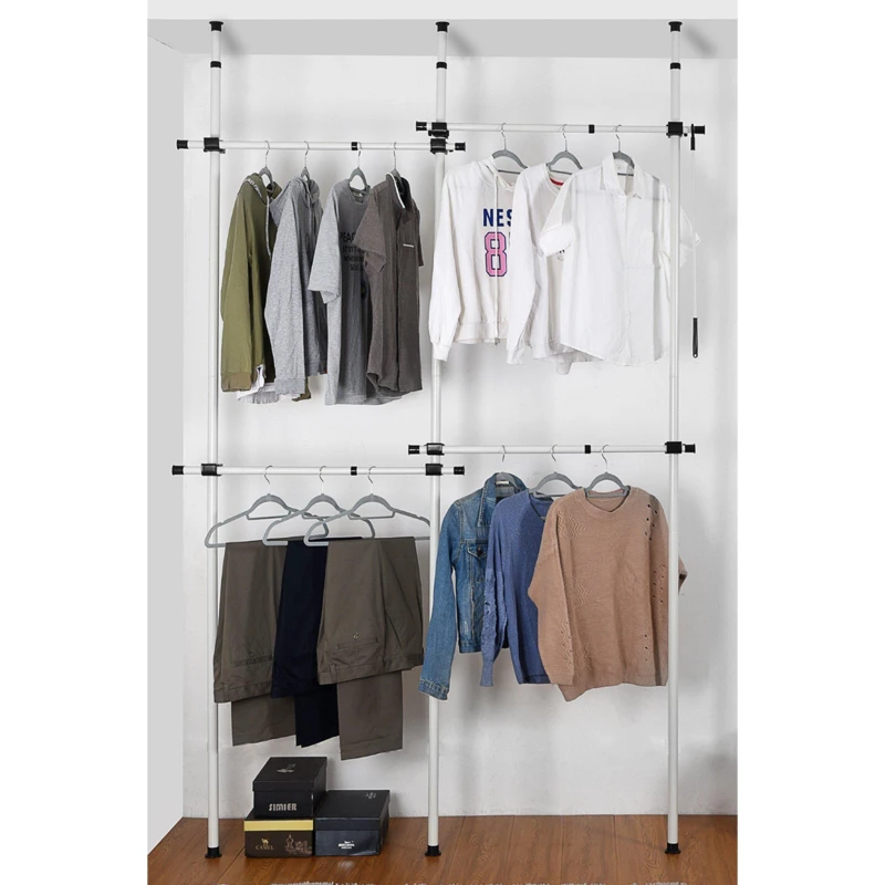 Image of House of Home Telescopic Double Rail Clothes Wardrobe Organise Hanging Rack Adjustable Storage White unisex