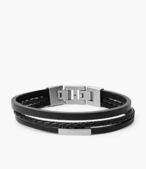 Image of Fossil Men Multi-Strand Silver-Tone Steel and Black Leather Bracelet