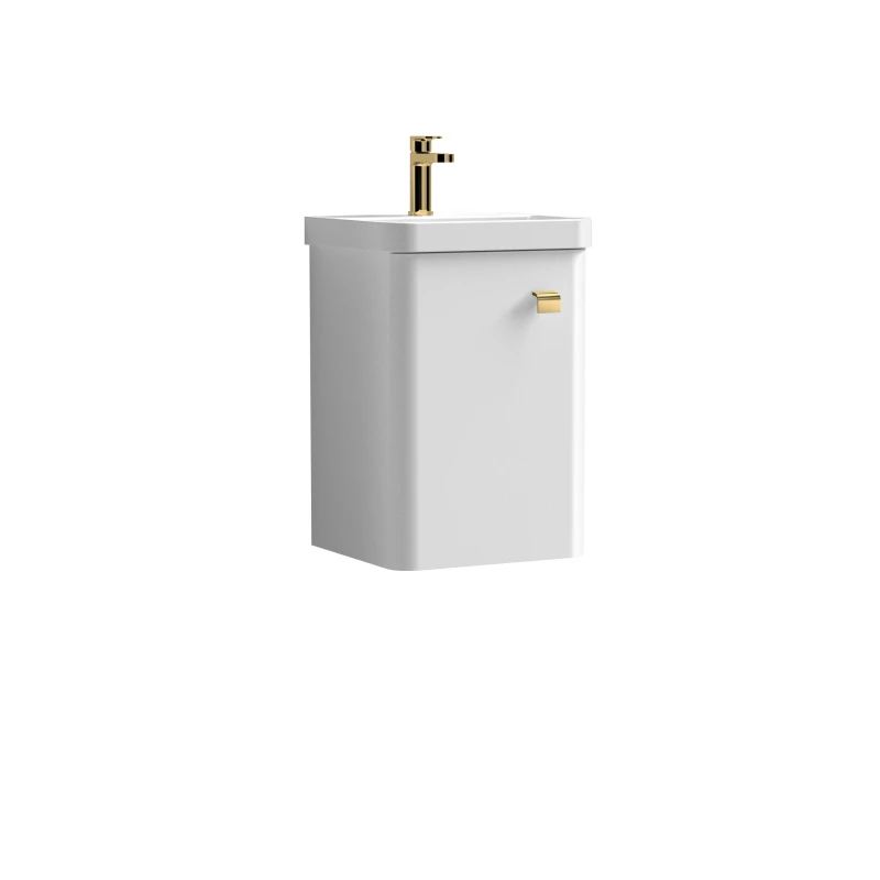 Image of Balterley Wall Hung 1 Door Vanity Basin Unit White Bushed Brass Handle 400mm White