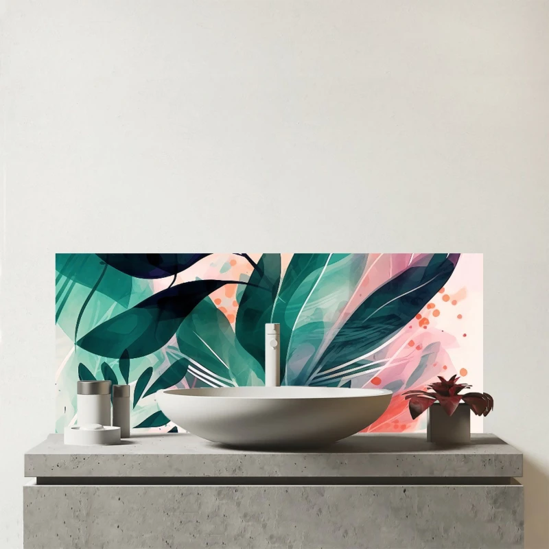 Image of Warren Reed - Designer Green Feather leaves Tropical Glass Bathroom Splashback Green Unisex